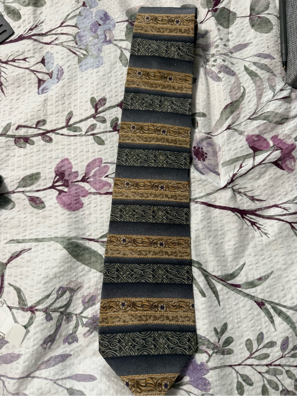 Stafford Striped Tie in Navy and Gold Paisley